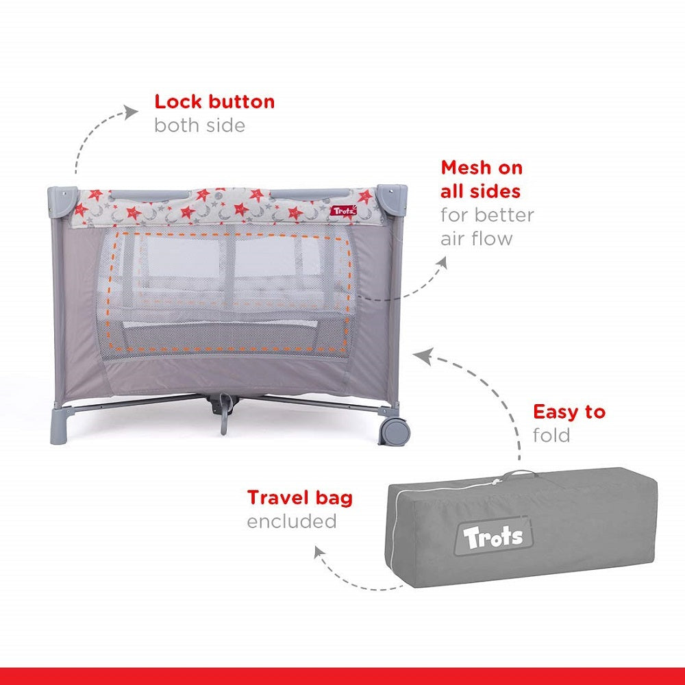 Trots Baby Playpen Playard & Folding Baby Bed Cum Convertible Crib - (Silver Metallic)